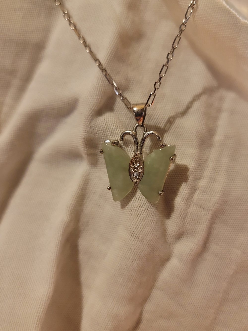 Silver Light Green Jade Butterfly Pendant Necklace